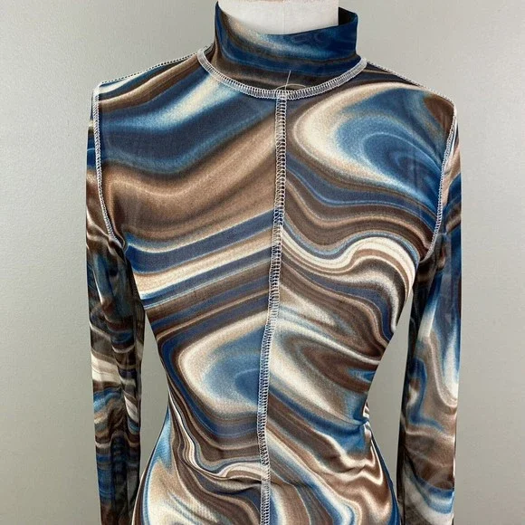 Vtg 90s Y2k Mesh Dress S M Bodycon Swirl Sheer Stretch Blue Brown Rave Club - Picture 3 of 11